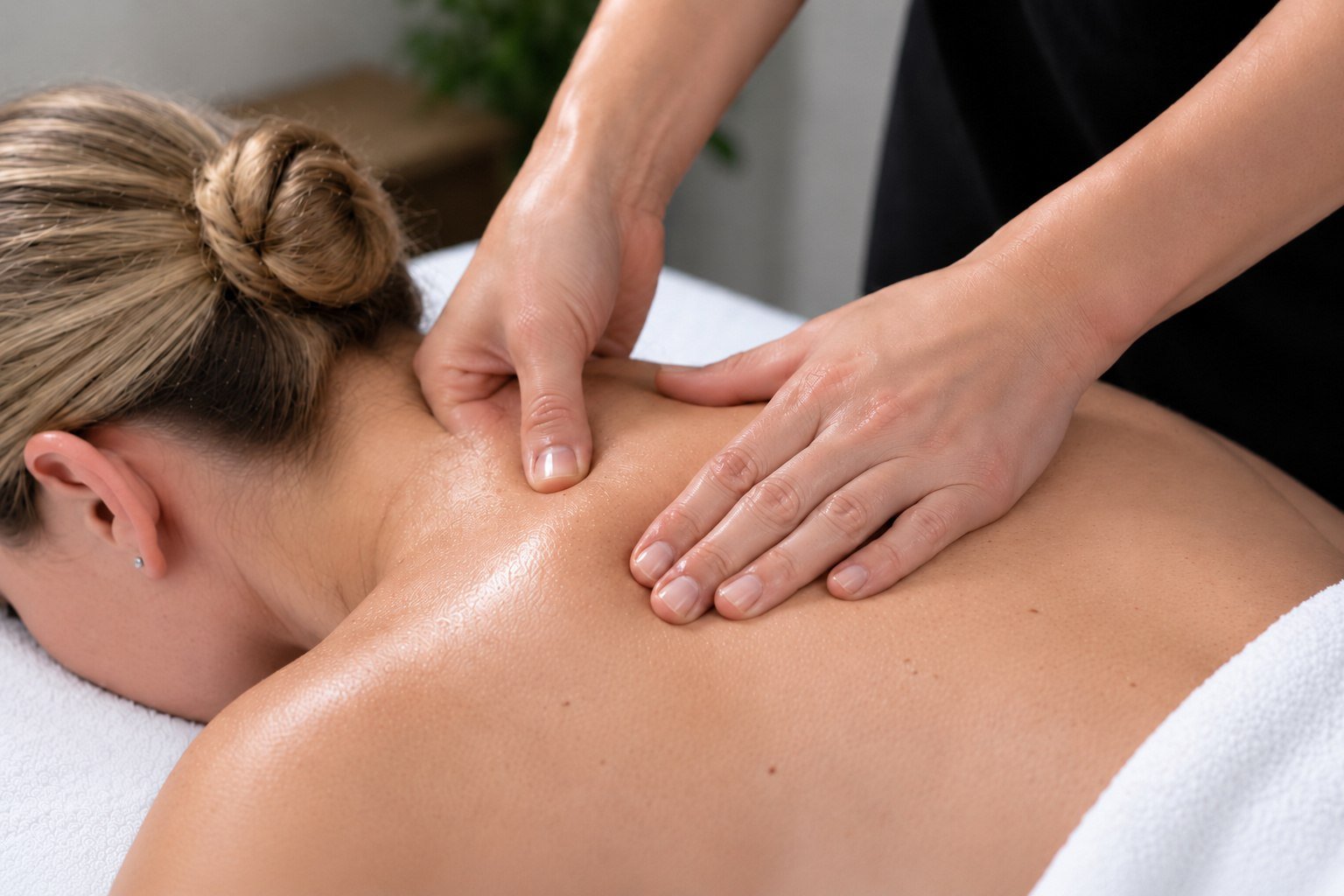Therapist working with thumb and flat palm into the upper back of a client lying face down under a towel.