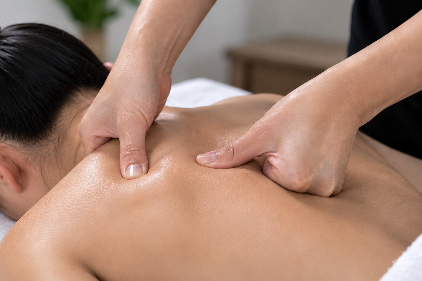 Therapist's thumbs pressing into the muscle between a client's shoulder blades.