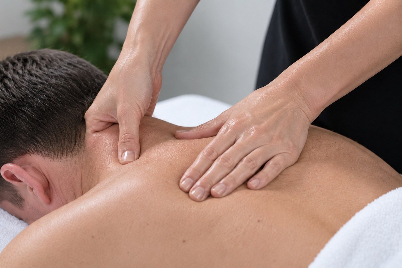 Therapist's thumb and flat hand working into the base of a client's neck and upper back.