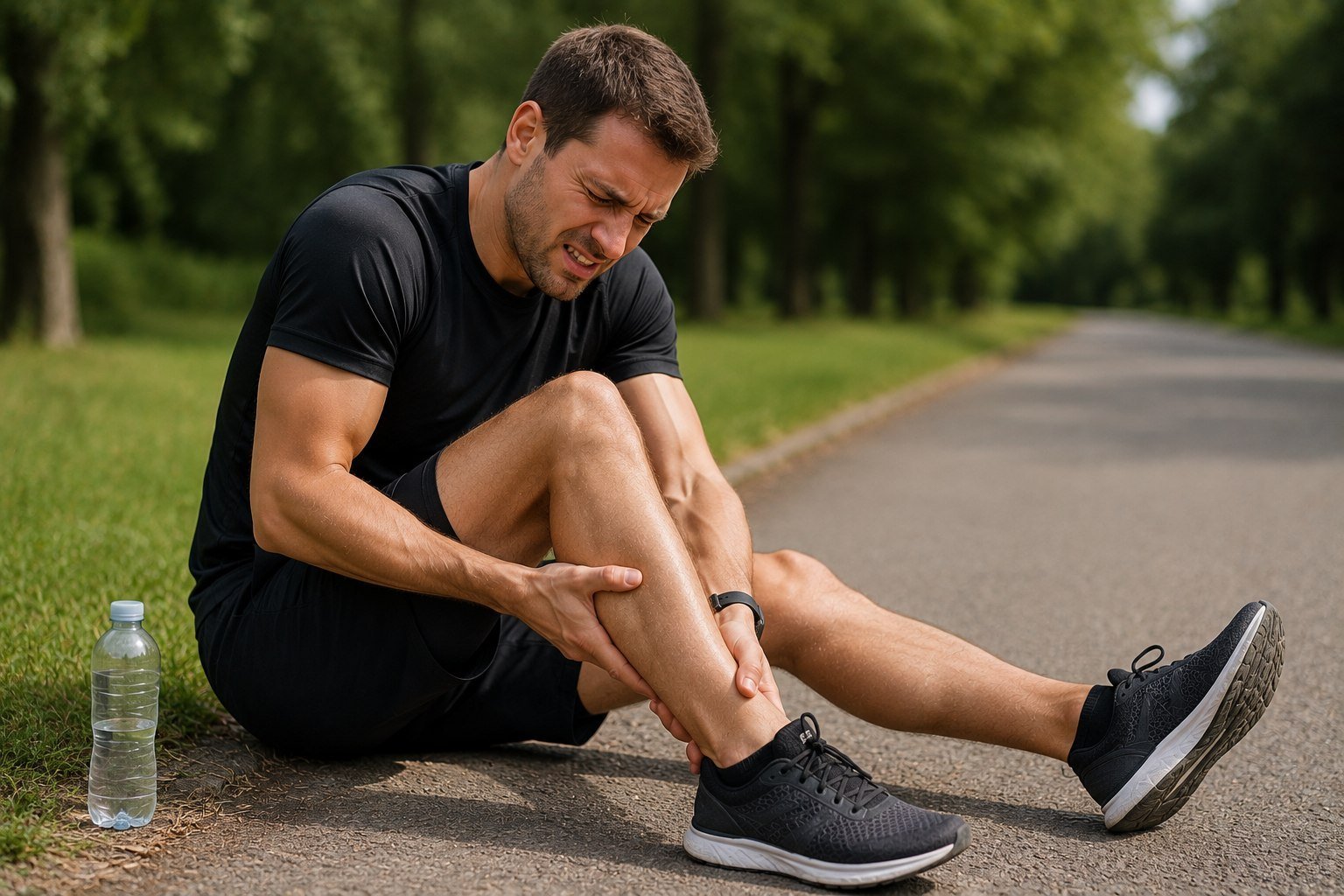 Runner sitting at the edge of a tree-lined path, gripping a tight calf muscle after a run.