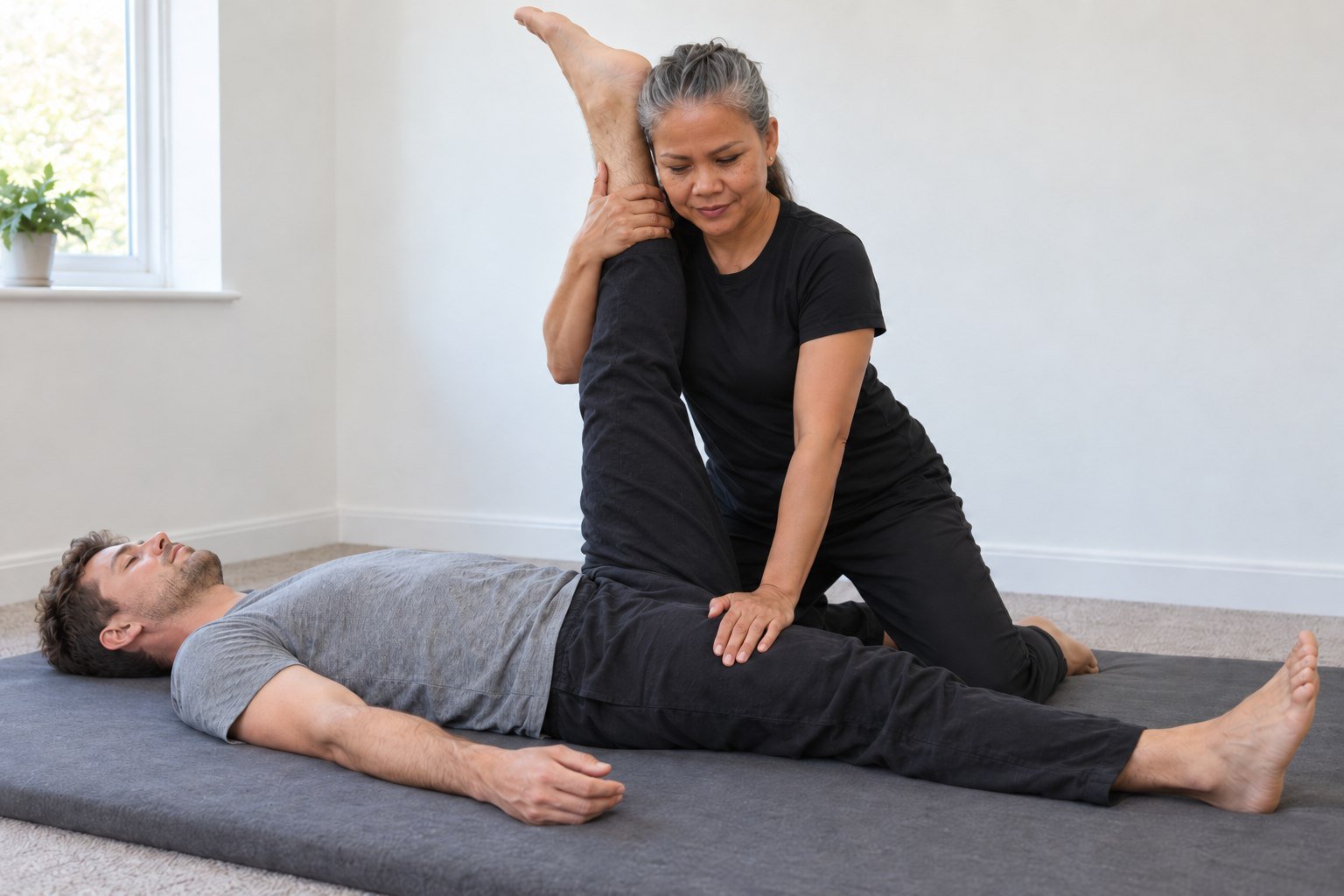 Thai massage therapist kneeling on a floor mat, taking a fully clothed client's raised leg into a supported hamstring stretch.
