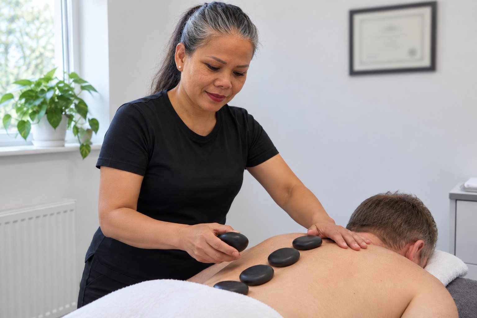 Therapist laying a row of smooth black basalt stones along the spine of a client lying face down.