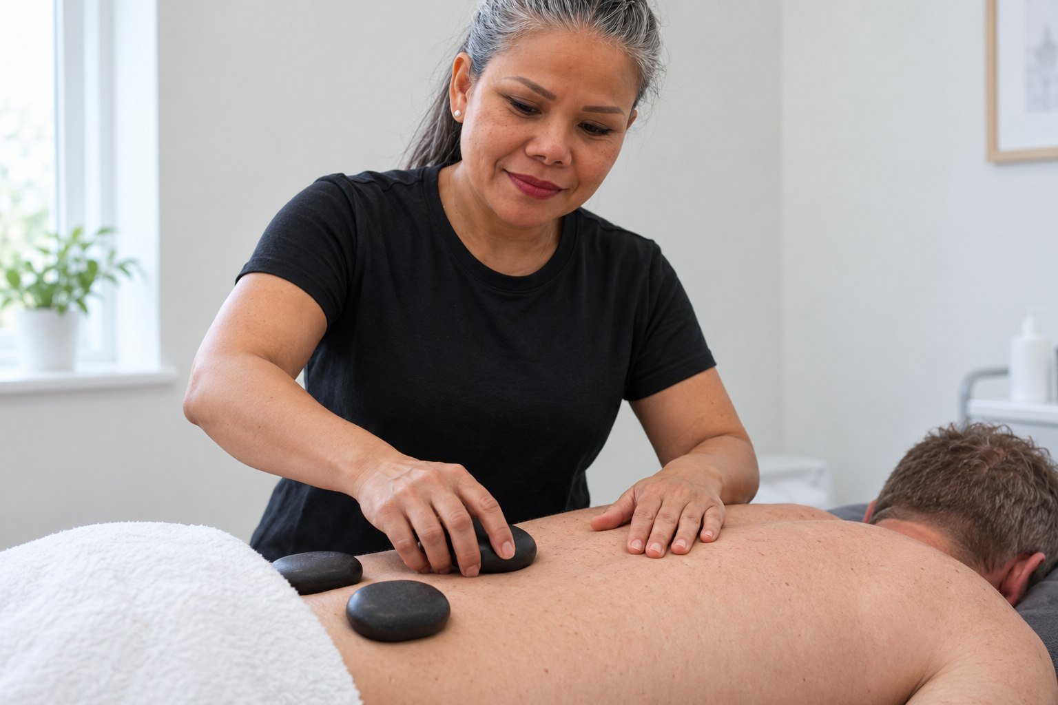 Therapist placing a warm basalt stone on a client's back, two stones already in position.