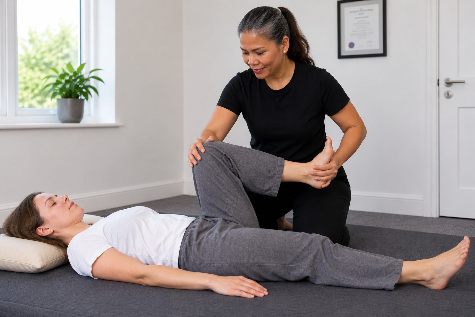 Thai massage therapist kneeling on a floor mat, guiding a fully clothed client's bent knee towards her chest in an assisted stretch.