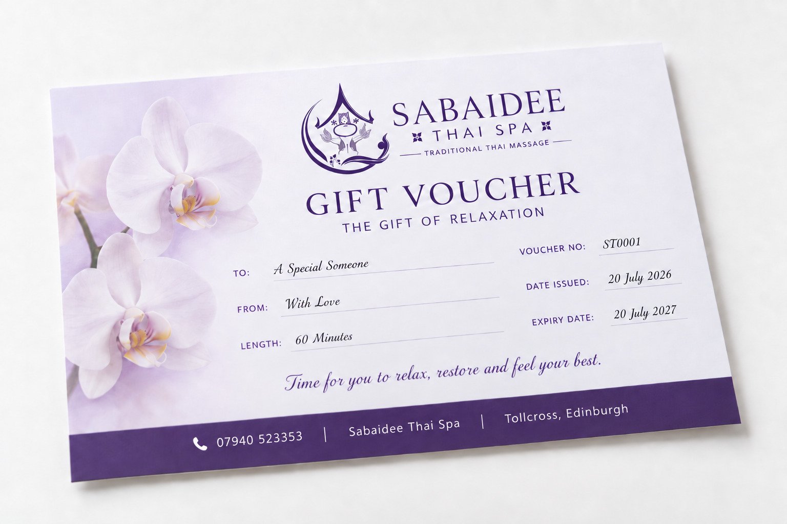 A Sabaidee Thai Spa gift voucher, showing the length of the treatment and the expiry date.
